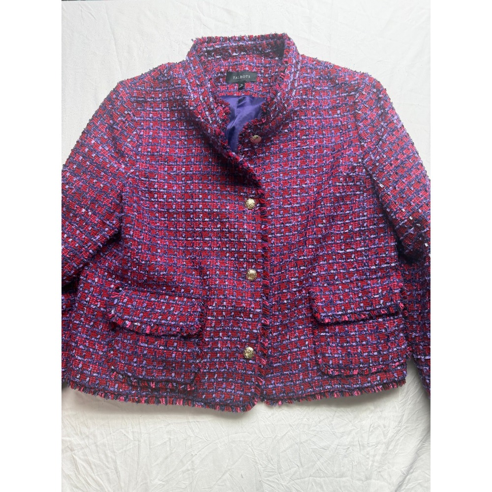 Talbots Womens Red Purple Tweed Blazer Jacket Gold Crest Buttons Fringed Size 16 - Picture 2 of 7
